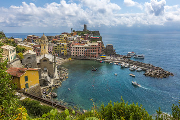 Panoramic aerial view of the port of Vernazza, one of the villages of Cinque Terre in Italy
