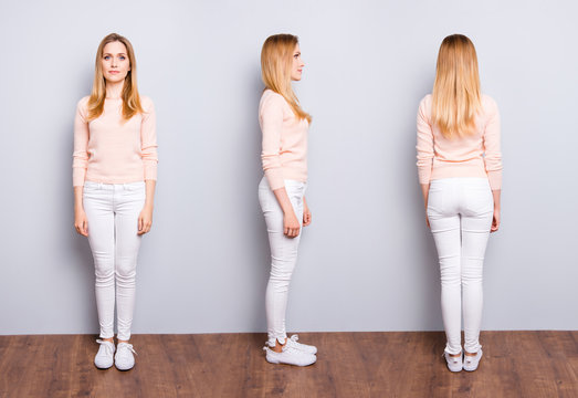 Collage from three sides of charming pretty modern trendy confident woman in white pants sweater sneakers standing on wooden floor over grey background
