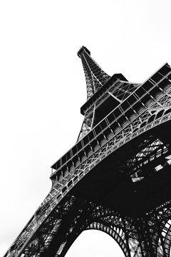 Black and White Eiffel Tower viewed from below against white background