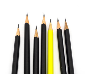 many group of black pencils but yellow color standing out from crowd of plenty identical, leadership, independence, uniqueness, initiative, initiative, think different, business  concept isolated