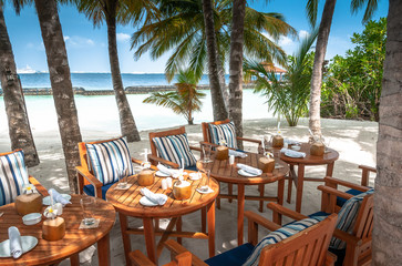 Beach restaurant. Colourful interior under the palms 