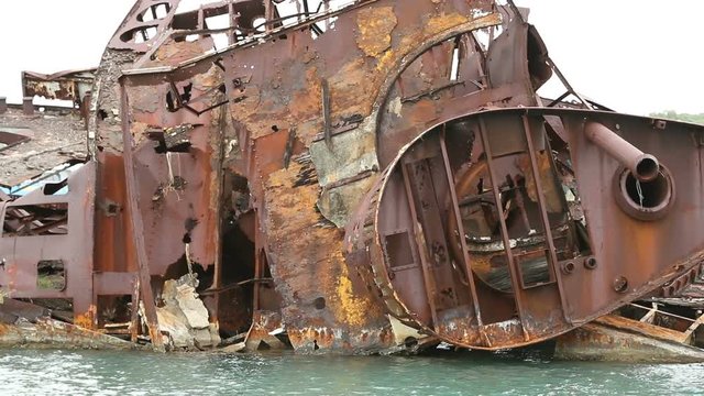 Slow motion clip of the shipwreck in Dixon Cove, Roatan, Honduras.