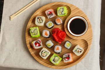 Fototapeta na wymiar sushi rolls Fresh and delicious (portion of sushi) - Sushi menu. Japanese food. food background