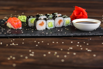 sushi rolls Fresh and delicious (portion of sushi) - Sushi menu. Japanese food. food background