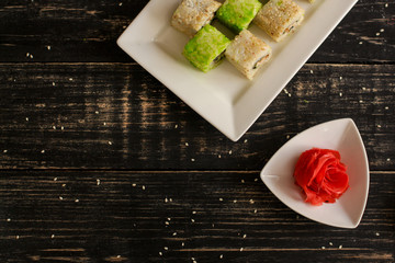 sushi rolls Fresh and delicious (portion of sushi) - Sushi menu. Japanese food. food background