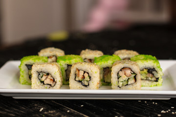 sushi rolls Fresh and delicious (portion of sushi) - Sushi menu. Japanese food. food background