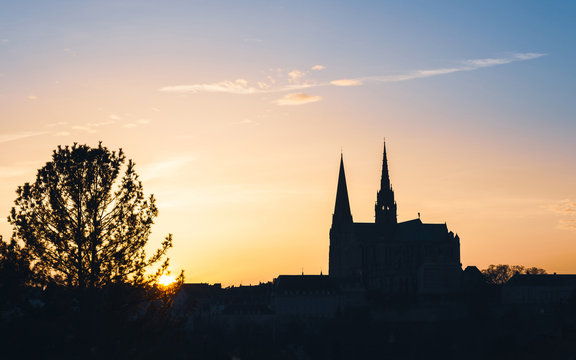Chartres Cathedral, also called Cathedral of Our Lady of Chartres at sunset in France