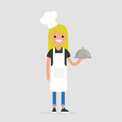 Smiling female chef holding a metal cloche. Serving food. Restaurant. Flat editable vector illustration, clip art