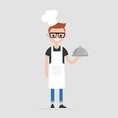 Smiling male chef holding a metal cloche. Serving food. Restaurant. Flat editable vector illustration, clip art