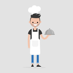Smiling male chef holding a metal cloche. Serving food. Restaurant. Flat editable vector illustration, clip art