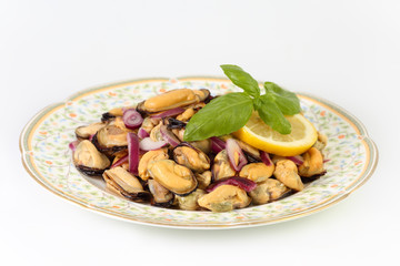 Homemade delicious summer salad with mussels, red onion, olive oil, lemon and basil