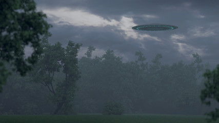 3d render UFO flies over the forest