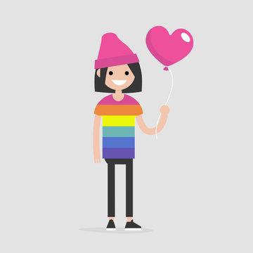 LGBT, LGBTQ+. Young smiling character wearing a rainbow t shirt and holding a heart shape balloon. Flat editable vector illustration, clip art