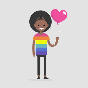LGBT, LGBTQ+. Young smiling character wearing a rainbow t shirt and holding a heart shape balloon. Flat editable vector illustration, clip art