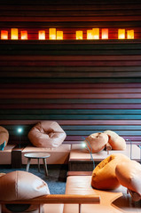 Modern Japanese  living room interior, bean bag, wood table cozy and warm feeling