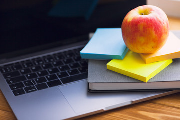 Laptop, white cup of coffee, cactus, snacks and notebook on the bright wooden background. Business, office, education, planning concept. Top view. Close up.