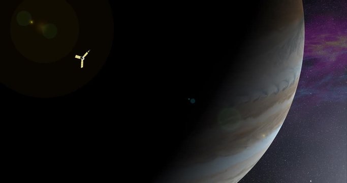 Long shot with lens effects and nebulae: the Juno spacecraft in orbit around Jupiter. Reversible, can be rotated 180 degrees. Elements of this image furnished by NASA.