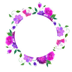 Round floral frame. Watercolor hand drawn illustration