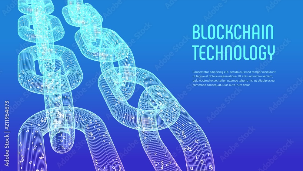 Poster block chain. crypto currency. blockchain concept. 3d wireframe chain with digital code. editable cry