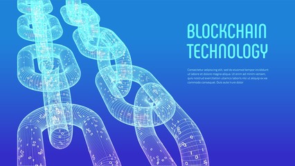 Block chain. Crypto currency. Blockchain concept. 3D wireframe chain with digital code. Editable cryptocurrency template. Stock vector illustration.