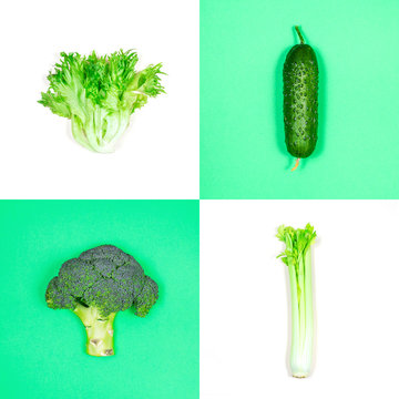 Flat lay of green vegetables: celery, cucumber, broccoli and frisee salad on white and green background