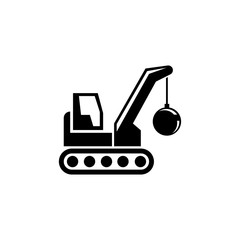 Demolition Building Machine, Crane with Wrecking Ball. Flat Vector Icon illustration Simple black symbol on white background. Demolition Ball Machine sign design template for web and mobile UI element