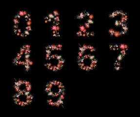 Number alphabet made of real fireworks photographies