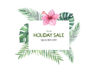 Watercolor illustration. Hello Summer. Botanical label with palm leaves, flowers and branches. Tropical card. Floral Design elements. Perfect for wedding invitations, greeting cards, blogs, posters © Kate Macate