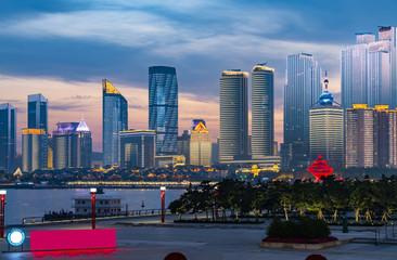 Fototapeta premium The night scene of urban architectural landscape in Qingdao
