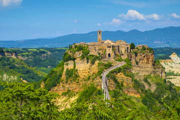 Civita di Bagnoregio, Italy - Panoramic view of historic town of Civita di Bagnoregio with...