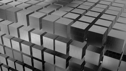 3d geometry techno cubes. Chrome cubes. 3d rendering. Angled view, wide.