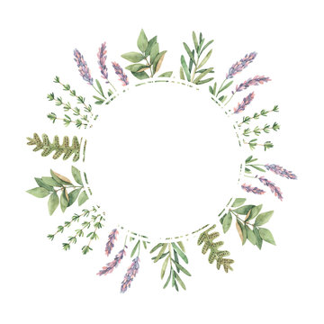 Watercolor illustration. Frame with botanical green leaves, herbs and branches. Floral Design elements. Perfect for wedding invitations, greeting cards, blogs, prints, postcards