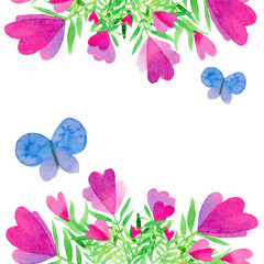 composition with pink flowers and hearts and blue butterflies on a white background. watercolor illustration