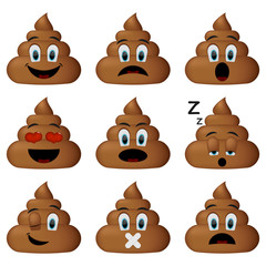 Shit icon set, sleep, shut up, smiling, sad faces poop emoticons isolated on white background