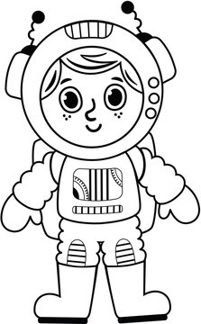 Black and white astronaut boy. Vector illustration.