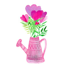 stylized pink flowers in a pink watering can with ornament. watercolor illustration