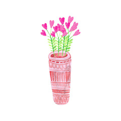 stylized delicate little pink flowers in a high vase with ornament. watercolor illustration
