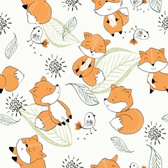 Vector hand drawn seamless pattern. Cute cartoon fox.