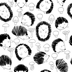 Vector hand drawn seamless pattern with cute hedgehogs © Tapilipa