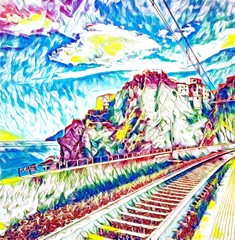 Railway to Manarola, Cinque Terre. Vacation in Italy. Big size oil painting fine art. Modern impressionism drawn artwork. Creative artistic print for canvas or paper. Poster or postcard design.