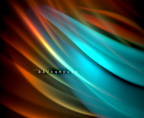 Neon glowing wave, magic energy and light motion background. Vector wallpaper template