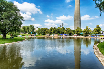 Naklejka premium Munich, Germany - June 09, 2018: The Olympiapark and lake in Munich, Germany