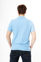 Fototapeta premium Back view Shirt. Template and blank t shirt. Man in T-Shirt and black jeans isolated on white background.