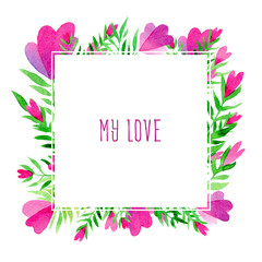 watercolor square frame with pink flowers and hearts on a white background