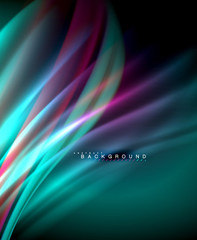 Neon glowing wave, magic energy and light motion background. Vector wallpaper template