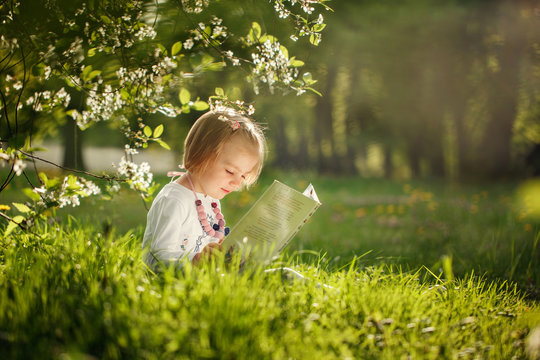 Cute little girl reading a book in a park on the grass in summer