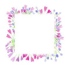 watercolor square frame with stylized flowers and hearts