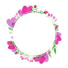 Watercolor hand paint frame with flowers and hearts