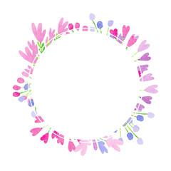 Round watercolor frame with pink flowers and hearts on a white background