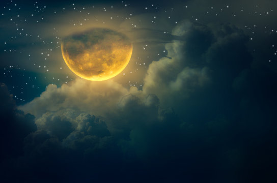 chuseok moon Cloud Big moon floating in the sky with many stars surrounded Halloween